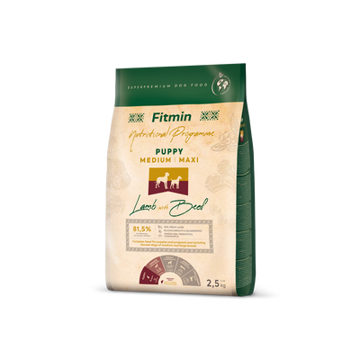 Фото Корм для цуценят середніх і великих порід Fitmin dog MEDIUM/MAXI PUPPY LAMB & BEEF 2,5 кг &mdash; купити в інтернет-магазині Зообаза. Дропшпінг. Товари для домашних тварин